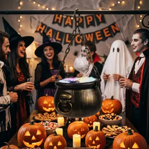 Décoration de chaudron suspendu d'Halloween avec lumières colorées et toile d'araignée.