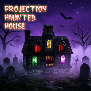 Vue de détail d'accessoire de maison hantée d'Halloween avec des fenêtres lumineuses.