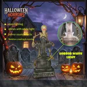 Halloween glowing skeleton tombstone prop with sound, light and motion sensing effects.