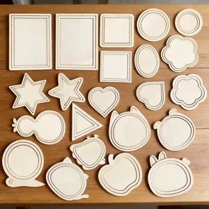 Various shapes of wooden embroidery frames, blank DIY circles squares hearts stars craft parts.