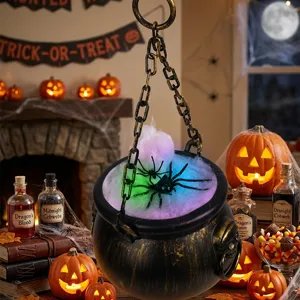 Chaudron suspendu d'Halloween avec lumières LED colorées et fausse toile d'araignée pour fête.