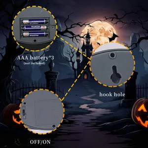 Detalle del accesorio de espejo electrónico de Halloween con compartimento para pilas y interruptor.