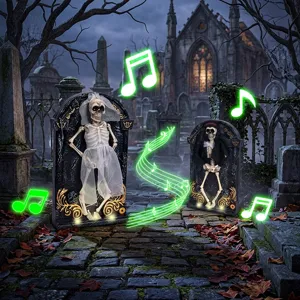 Prop lapide scheletro danzante di Halloween con note luminose per decorazione festa spaventosa.