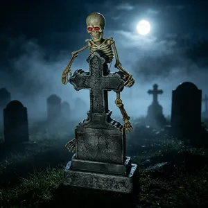 Halloween glowing tombstone skeleton prop with red LED eyes and spooky graveyard scene design