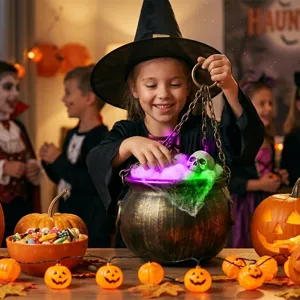 Chaudron de sorcière d'Halloween avec lumières LED colorées et décoration pour fête