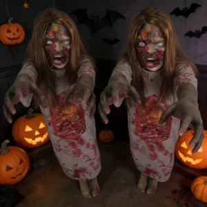 Vue détaillée d'un effrayant accessoire de cadavre de zombie suspendu d'Halloween ensanglanté.