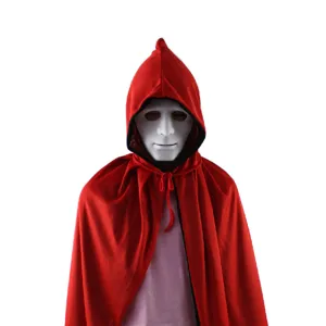 Halloween adulto mantello rosso e nero con cappuccio e maschera bianca per festa cosplay.