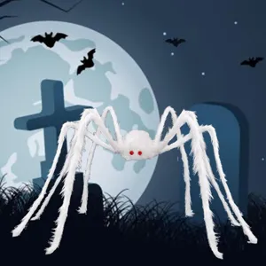 Halloween white fluffy spider decoration, large plush horror prop for haunted house party.