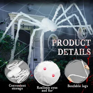 Giant white plush spider Halloween decoration with red eyes and bendable furry legs for party.