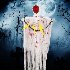 Accessoire de fantôme suspendu d'Halloween avec des yeux rouges lumineux pour fête.