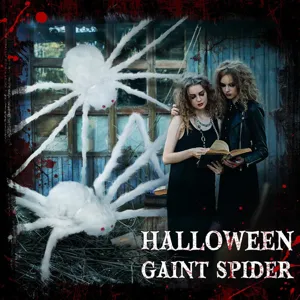 Detailed view of large white fluffy Halloween spider props, ideal for spooky party decoration.