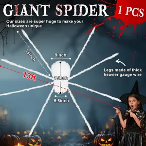 Giant white plush spider Halloween decoration with wire legs and large spooky props.