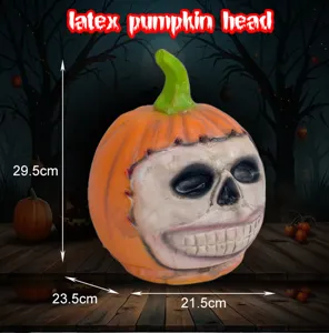 Halloween latex pumpkin head detail shot showing skull face and dimensions for party decor.