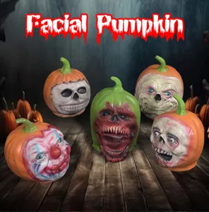 Halloween latex pumpkin head masks, scary and funny props for spooky party and haunted house decor.