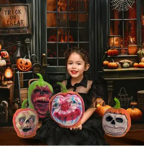 Halloween scary latex pumpkin head props detailed scene display for party and haunted house decor.