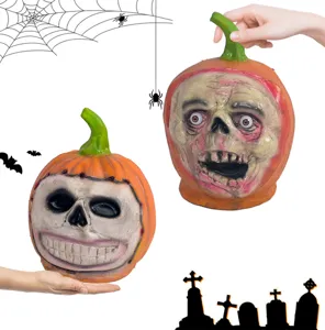 Halloween latex pumpkin head prop, funny horror skeleton zombie mask for party decoration.