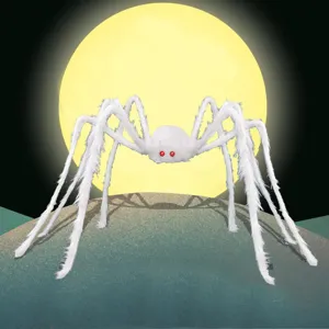 Halloween white plush spider prop, large fluffy scary spooky decoration for haunted house.