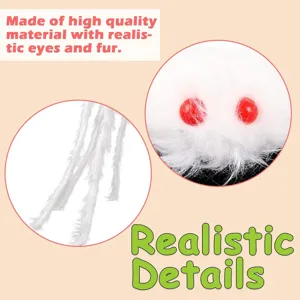 Close-up details of white plush spider toy with realistic red eyes and soft fluffy fur.