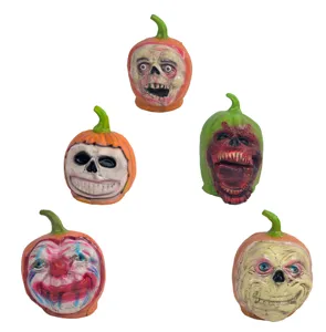 Halloween latex pumpkin head props, creepy skull and clown mask decorations for party haunted house.
