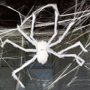 Large white plush spider Halloween decoration scary furry fake spider prop for party.