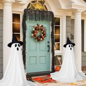 Halloween lighted ghost detail scene, standing outdoor porch holiday party decor display.