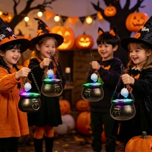 Chaudron magique portable d'Halloween avec lumieres colorees et toile d'araignee pour fete.