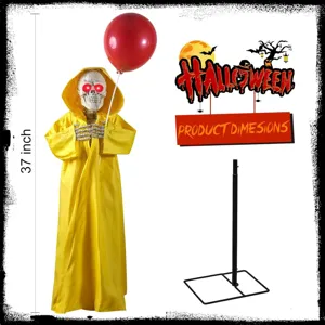 Αποκριάτικος σκελετός Halloween με κίτρινο αδιάβροχο και κόκκινο μπαλόνι 37 ίντσες