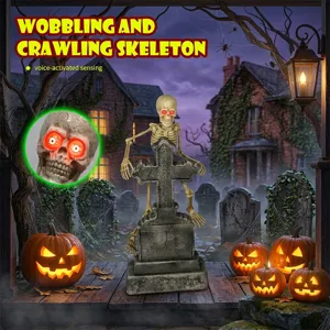 Halloween electric crawling skeleton tombstone prop with glowing red eyes for party decor
