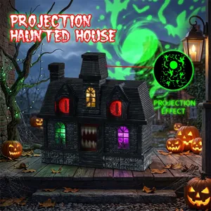 Décoration de maison hantée de projection d'Halloween avec des lumières et des effets effrayants.