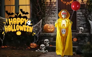 Φωτεινό και ηχητικό διακοσμητικό σκελετού Halloween με κίτρινη κάπα και κόκκινο μπαλόνι