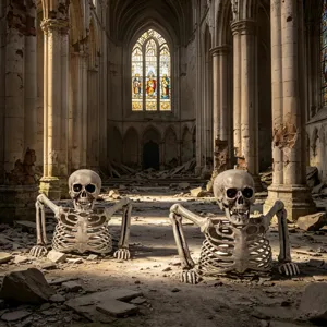 Halloween halbes Skelett Requisite Detailansicht in ruinenartiger Kathedrale Grusel.