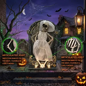 Vista dettagliata della decorazione lapide di Halloween con scheletro danzante e luci luminose.