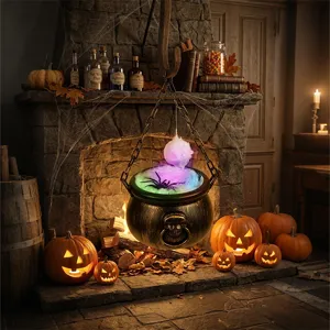 Détail de chaudron suspendu d'Halloween avec lumière brillante, araignée et toile de coton.