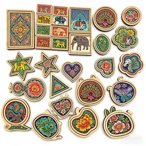 Detailed close-up of ethnic style embroidered wooden patches with vibrant floral and animal patterns.