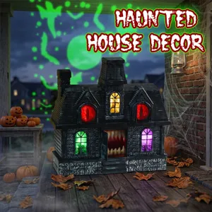 Décoration de maison hantée d'Halloween avec projection électrique, lumières et sons effrayants.