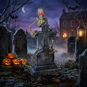 Halloween glowing tombstone skeleton prop detail, scary light-up sound activated graveyard decor.