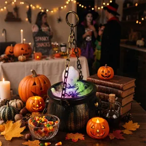 Décoration de chaudron de sorcière suspendu d'Halloween avec lumières et fausses araignées