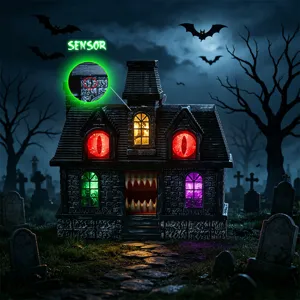 Ornement de maison hantée d'Halloween avec fenêtres lumineuses et capteur de son.