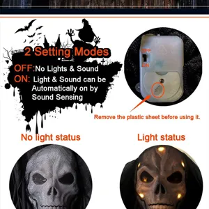 Detalle del fantasma colgante de Halloween mostrando los 2 modos y el estado de luz.