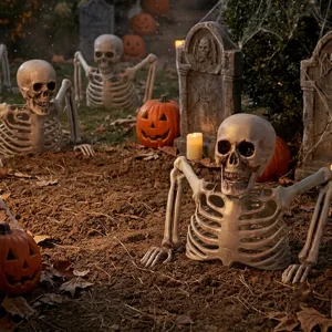 Halloween halbes Skelett Bodenbrecher Dekoration Requisiten Set mit Kürbissen und Grabsteinen.