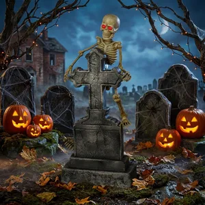 Halloween glowing skeleton tombstone prop detail with red light eyes and spooky graveyard scene.