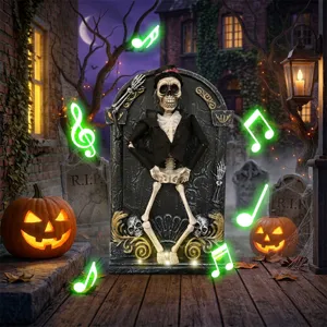Statuetta lapide scheletro danzante elettrico di Halloween con note musicali luminose.