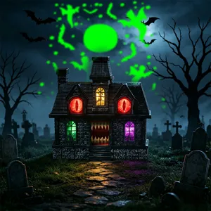 Vue détaillée de la décoration de maison hantée d'Halloween avec des yeux rouges et lumineux.