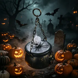 Décoration de chaudron de sorcière suspendu d'Halloween avec toile et fausses araignées.