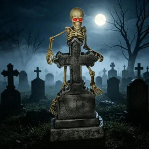 Halloween glowing skeleton tombstone prop with creepy red LED eyes for haunted party decor