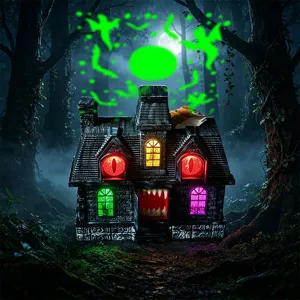 Vue détaillée de maison hantée d'Halloween, fenêtre lumineuse et scène de projection effrayante.