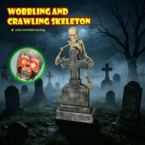Halloween crawling skeleton tombstone decoration with voice-activated glowing red eyes for party