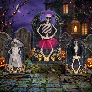 Halloween lapide scheletro decorazione con oggetti di scena danzanti e luci LED luminose.