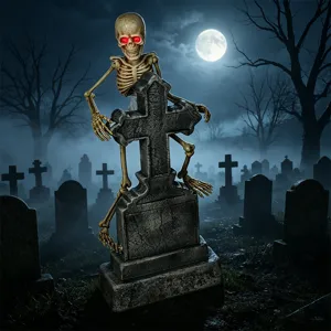 Halloween glowing skeleton tombstone prop with red LED eyes and sound induction for scary party.