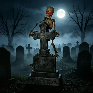 Halloween glowing tombstone skeleton prop with LED red eyes and sound detection for party.